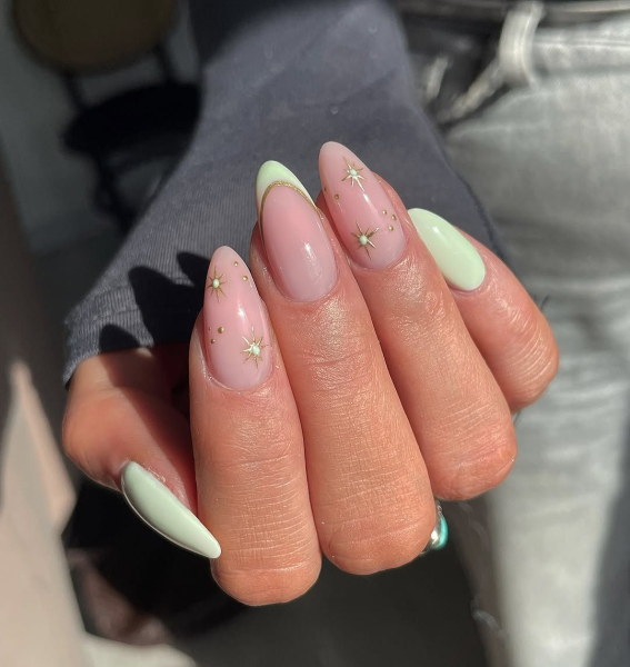 Mint nails with French and gold star art